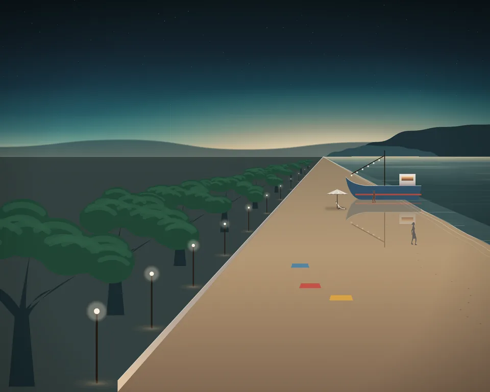 Illustration: a quiet bay beach at dusk: one open umbrella on the sand, a fishing boat side on in the water, trees along the shore and an island on the horizon