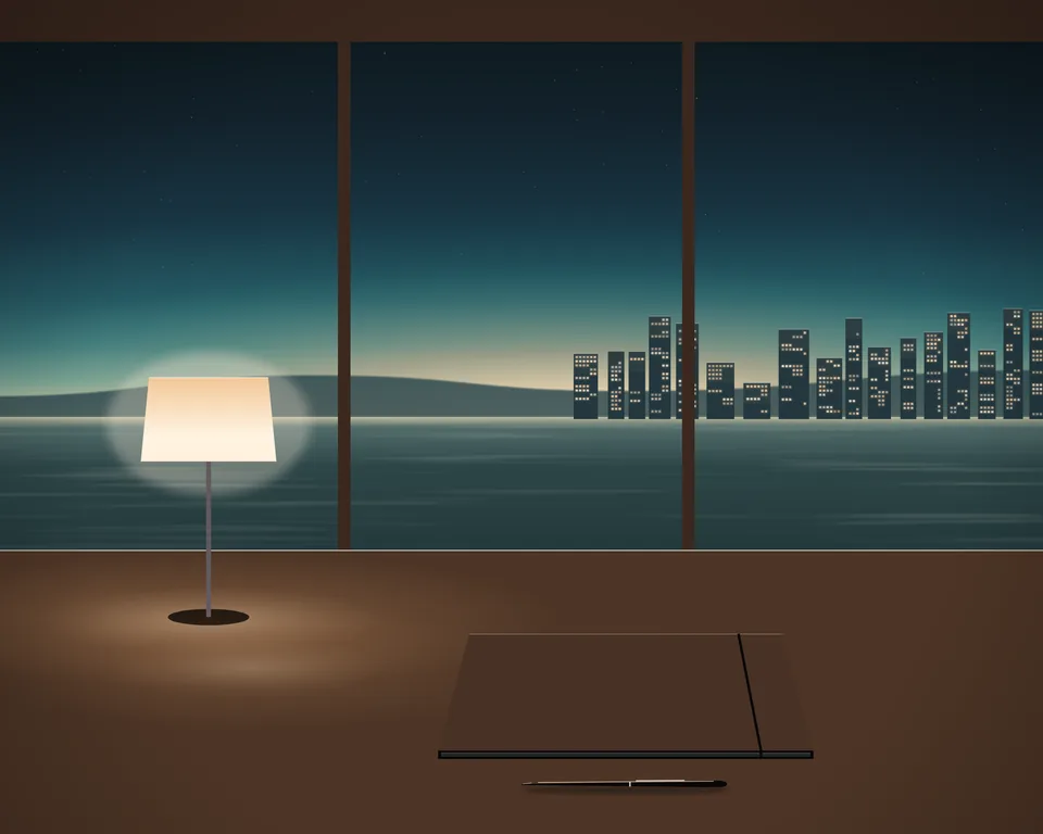 Illustration: eine geschlossene Mappe und ein Stift auf einem Schreibtisch unter einer leuchtenden Lampe. Durch das Fenster ist die Bucht bei Abenddämmerung zu sehen.