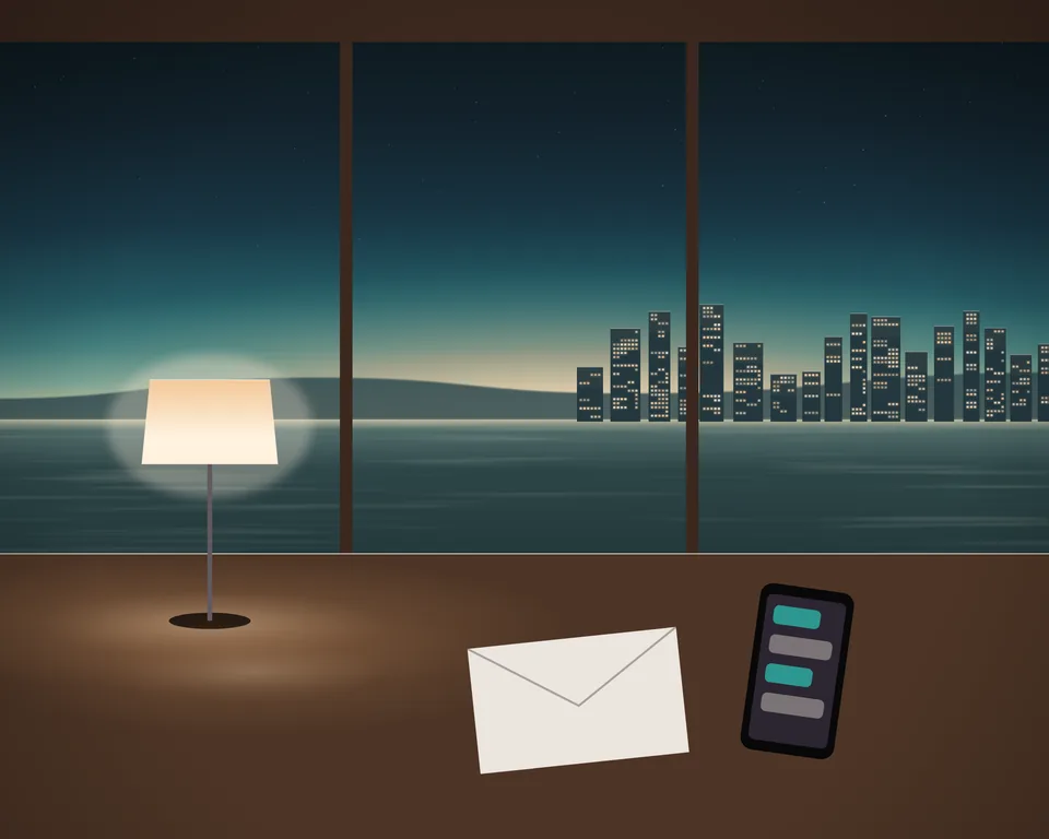 Illustration: ein Schreibtisch am Fenster bei Abenddämmerung, mit Briefumschlag, Smartphone mit leeren Chatfeldern und leuchtender Lampe. Dahinter liegt die Bucht.