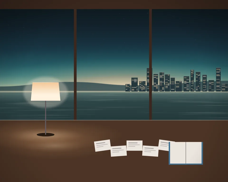 Illustration: ein Schreibtisch am Fenster bei Abenddämmerung. Eine Lampe beleuchtet aufgefächerte Quellenkarten und ein offenes Notizbuch, dahinter liegt die Bucht.