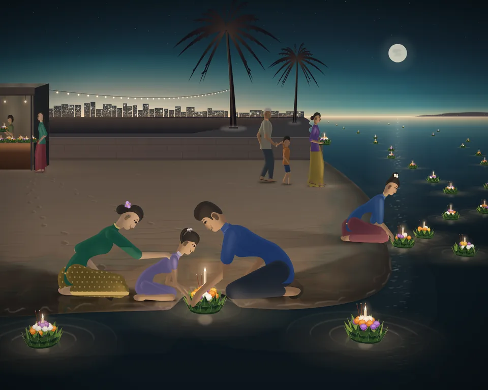 Illustration: Loy Krathong on a beach on the full-moon night: a small girl kneels at the water's edge and sets her family's candlelit krathong on the sea, her father kneeling close on the other side of it with his hand over hers and her mother kneeling beside her with a hand on her shoulder; more krathongs drift out along the moon's path, a woman kneels at the water setting down her own, a grandfather, a small boy and his mother walk down to the sea with a lit krathong, and at a small stall under strings of lights a vendor holds one up for a customer