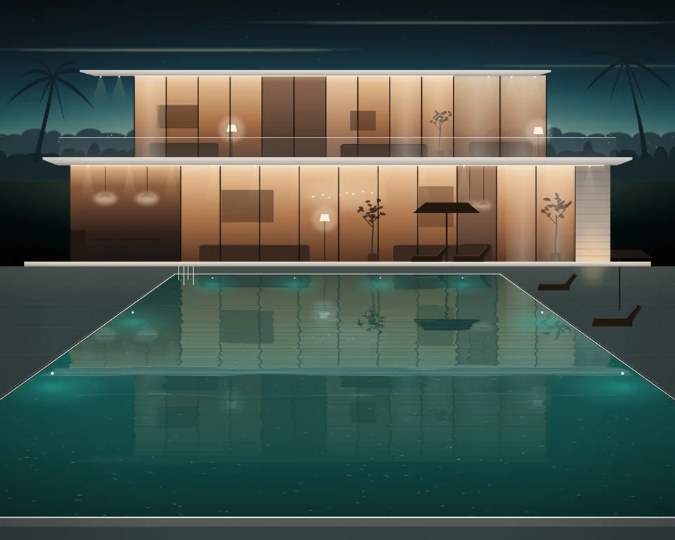 Illustration: a modern pool villa at dusk, front on, its rooms lit, the long pool in front glowing from within