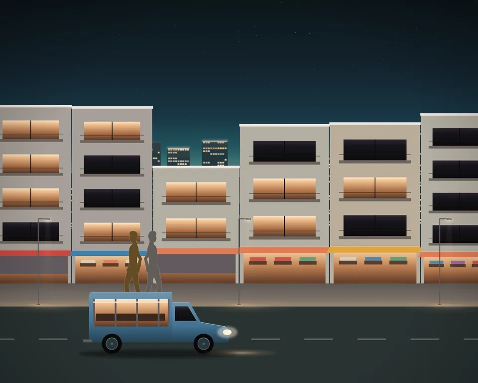 Illustration: a street of lit shophouses at dusk with towers behind, a baht bus on the road and people on the pavement