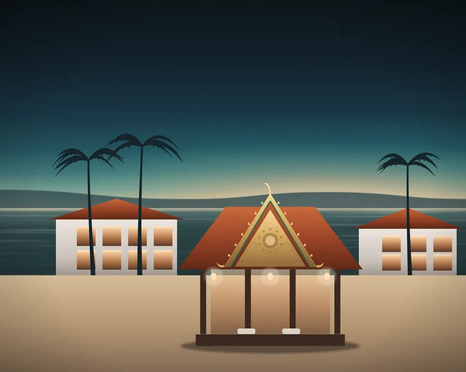Illustration: a calm resort shore at dusk: a Thai pavilion on the sand, its lanterns lit, resort buildings among tall palms behind